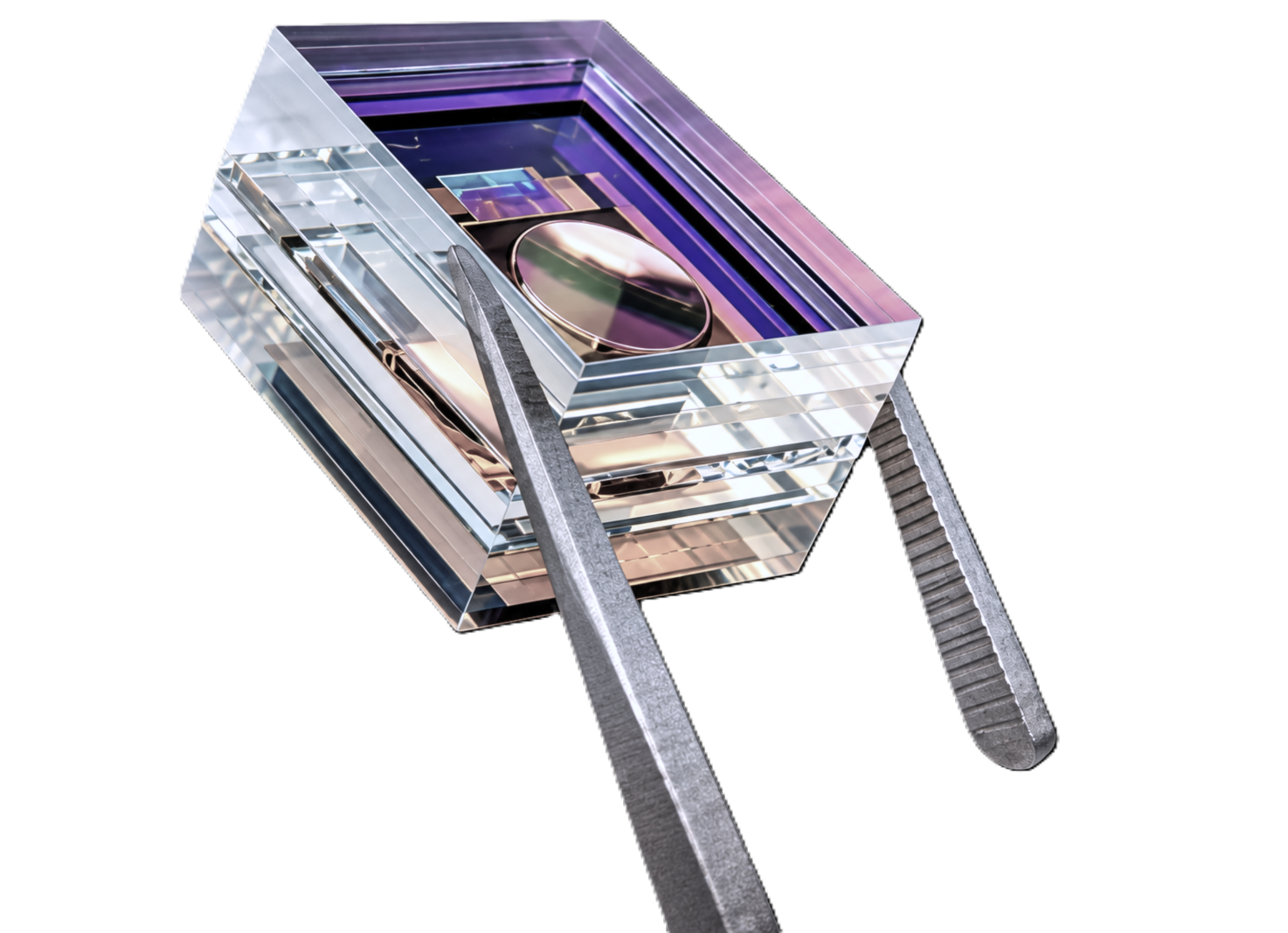 SPIO optical chip module held with tweezers